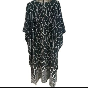 Kaftan Dress Set With Pants Geometric  & Zebra Print Black & White Plus Size: 3X